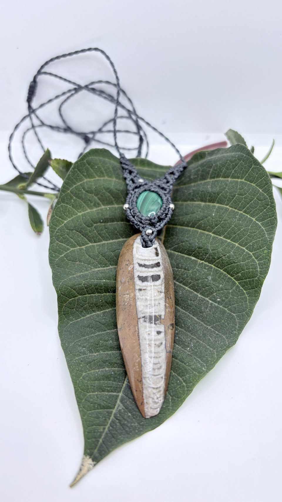 Collar fósil orthocera y malaquita de macramé