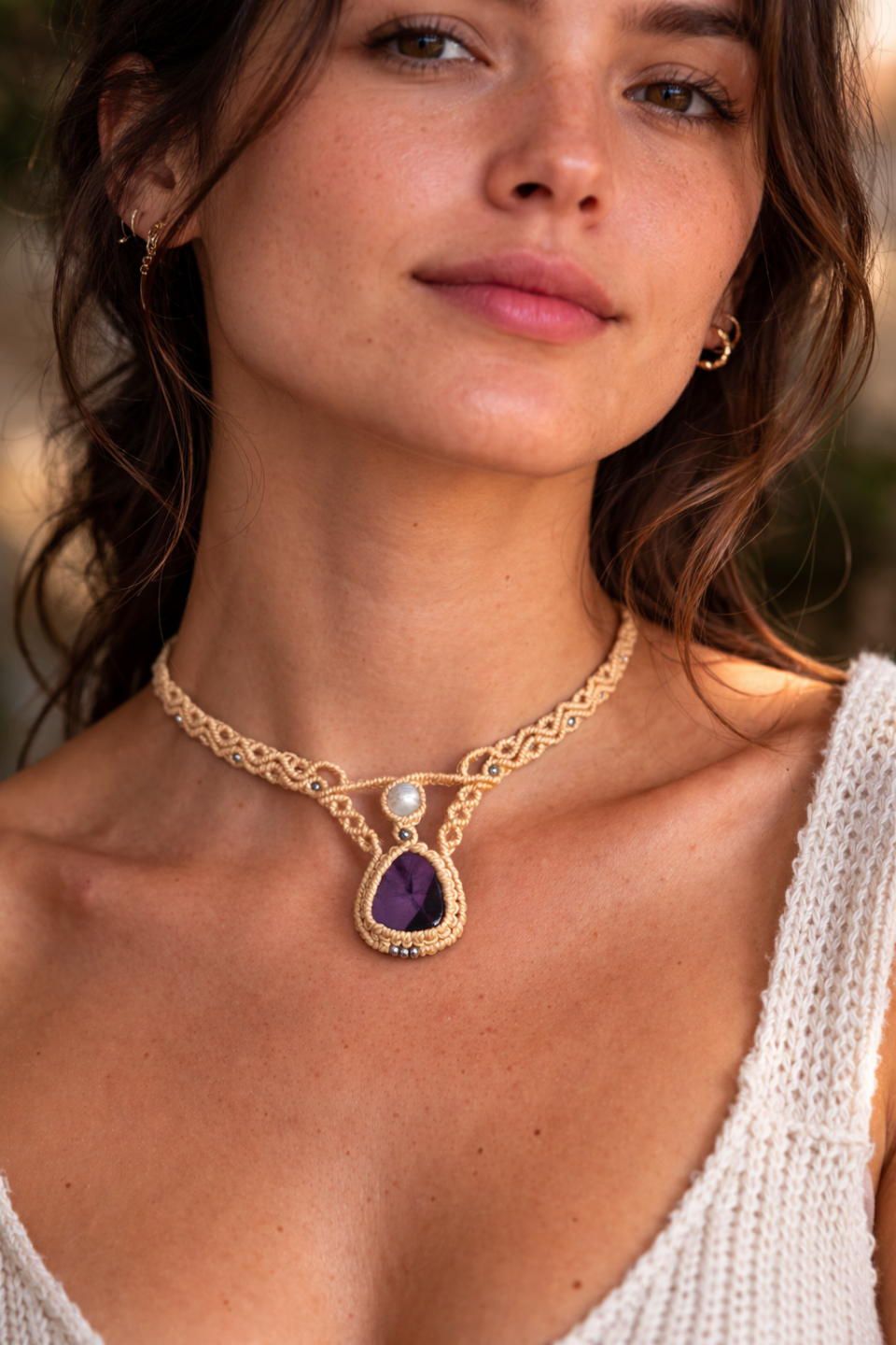 Gargantilla de macramé con amatista chevron