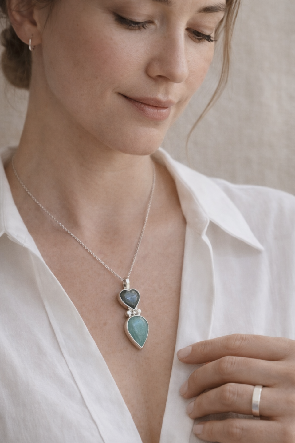 Collar Corazón de Labradorita y Amazonita en Plata